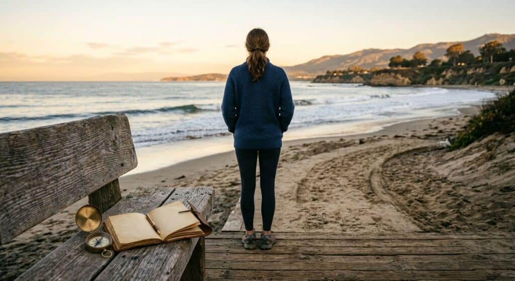 Serene sunrise at Santa Barbara beach with a sandy path leading to the ocean, a person facing the sea, and a compass and journal on a driftwood bench in the foreground, symbolizing the start of a recovery journey.