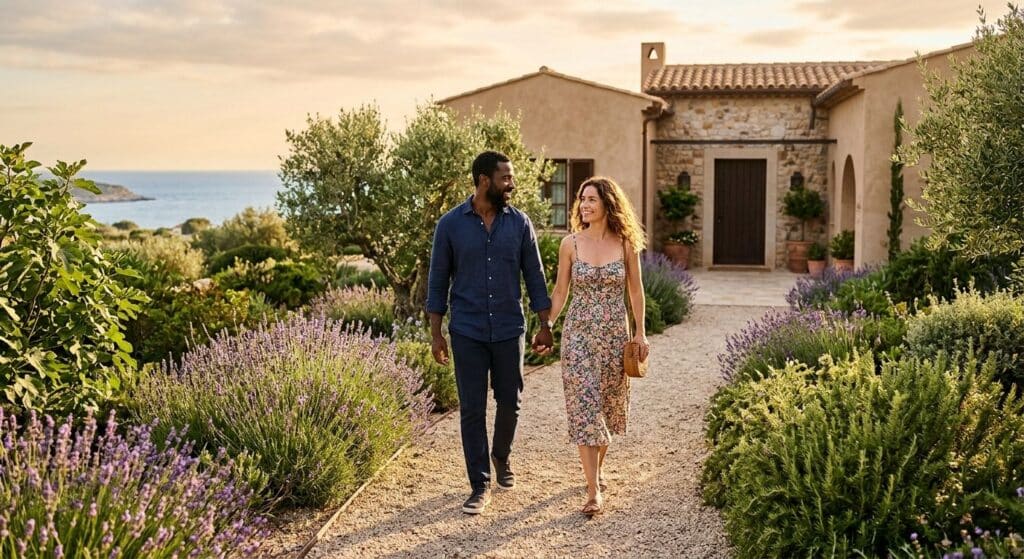 Couple walking hand-in-hand on a sunlit garden path towards a Mediterranean-style building entrance with ocean view at golden hour.