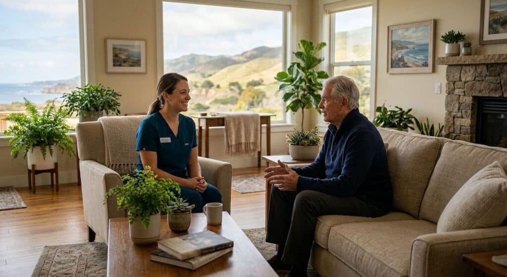 A compassionate medical professional in scrubs speaks with a patient in a sunlit living room of a residential detox facility with coastal hills visible through large windows.
