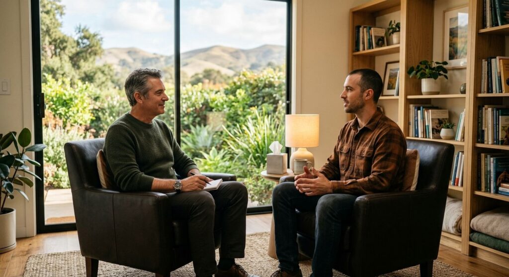 Male therapist listening to male client in warm therapy office with garden view and bookshelf