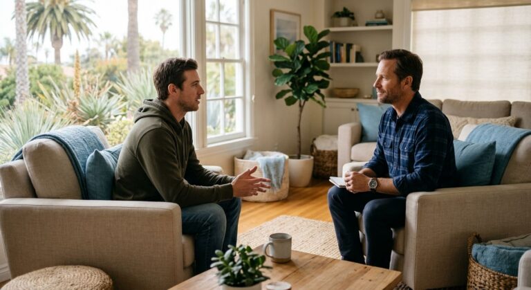 A male therapist listens attentively to a male client in a bright, homelike living room with California coastal decor, palm motifs, and natural light, conveying empathy and trust in a men's addiction treatment center.