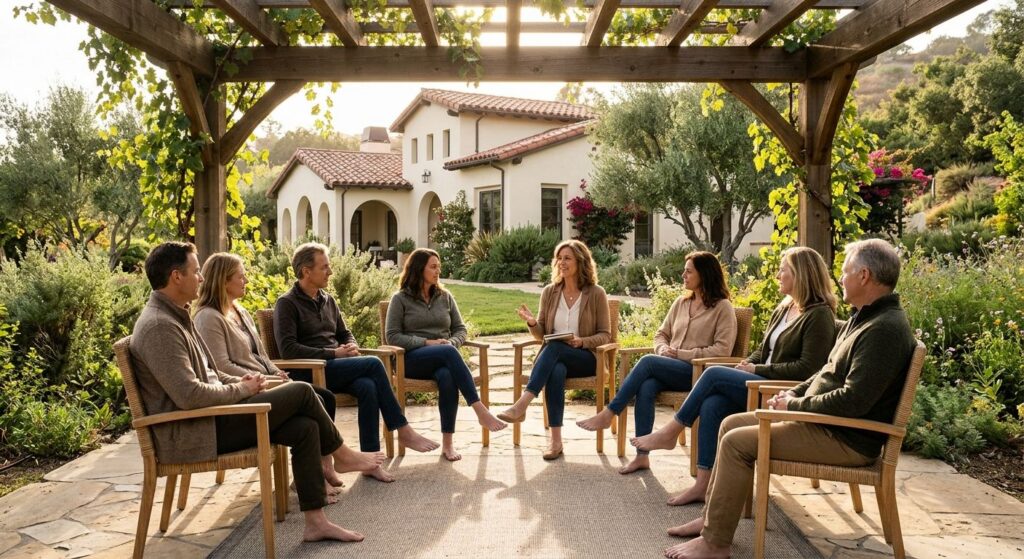 Outdoor group therapy session with clients seated in a circle under a pergola, a licensed therapist leading discussion, sunlight filtering through trees, and a modern Mediterranean-style recovery facility in the background