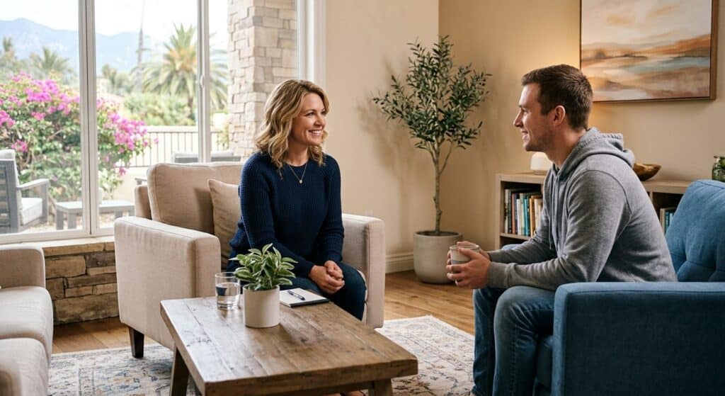 Interior of an addiction treatment center in Santa Barbara with a counselor and client in a warm, home-like setting