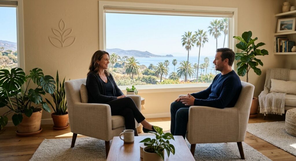 Bright therapy room with a therapist and a client in comfortable chairs facing each other, large window with view of California coastline and palm trees, calming neutral tones, houseplants, no text visible.