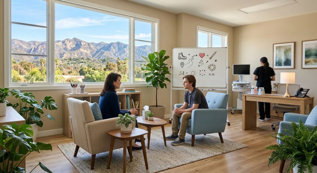 Bright therapy room with comfortable seating, large windows with mountain view, therapist talking with client, whiteboard with recovery icons, nurse station, and telephone.