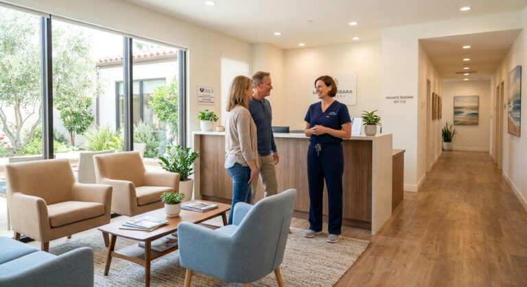 Professional photograph of a bright and modern detox facility lobby with a friendly staff member in scrubs greeting visitors, comfortable seating, and a hallway leading to private treatment rooms.