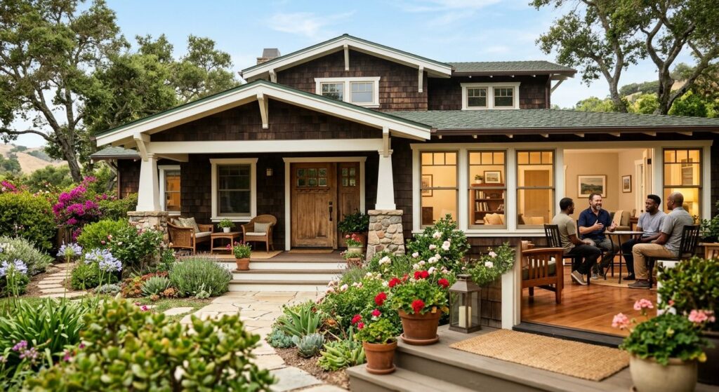 Welcoming sober living residence in Santa Barbara with a craftsman-style house, lush garden, and a group of men in supportive conversation inside, conveying safety and community.