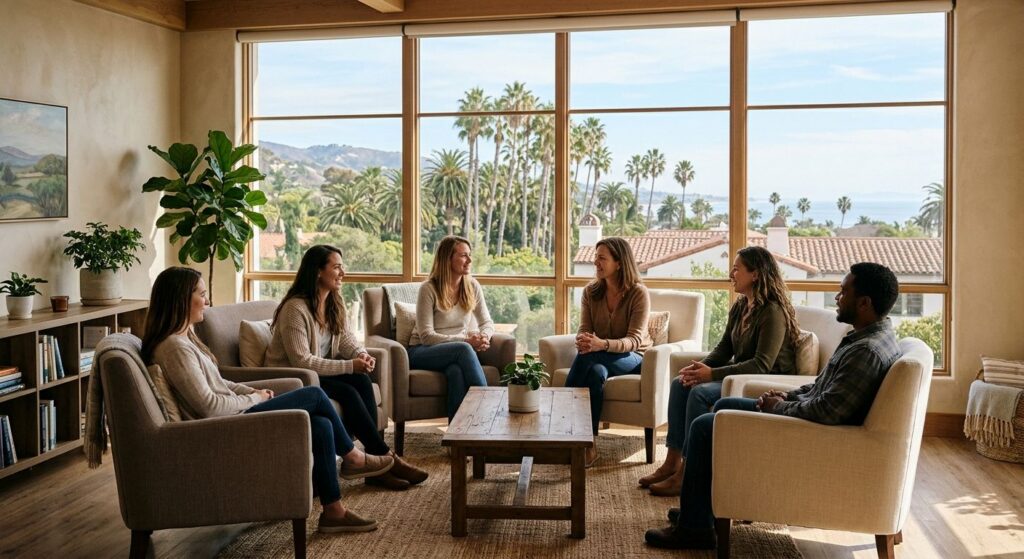 A serene common room in a Santa Barbara rehab center with large windows overlooking palm trees and hills, natural light illuminating a small group engaged in supportive therapy, conveying hope and community.