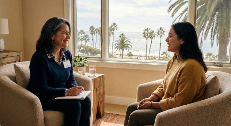 A therapist and client in a sunlit counseling room overlooking the Pacific Ocean through a window with palm trees, conveying trust and hope in addiction recovery.