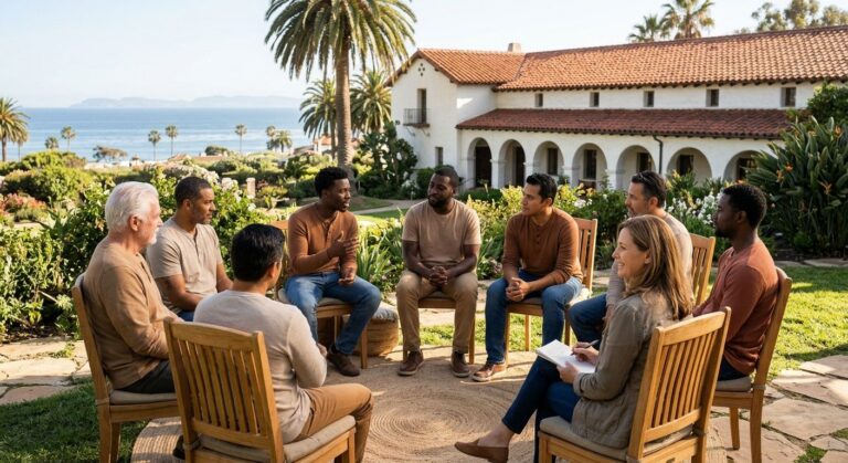 A diverse group of men in a garden circle with a therapist at a Santa Barbara addiction treatment center, featuring mission-style architecture, palm trees, and ocean view.