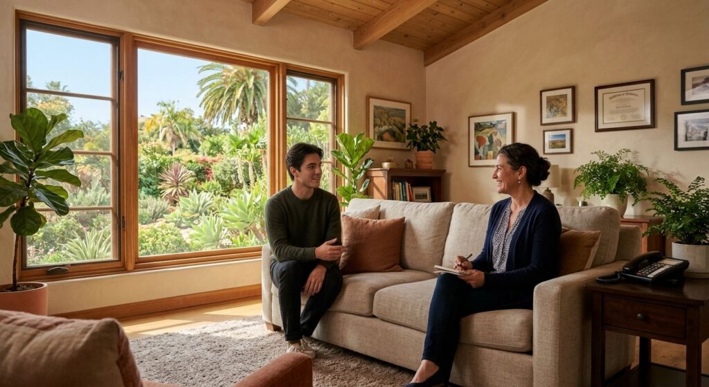 A warm, home-like outpatient rehab center in Santa Barbara, California, featuring a therapist and client in conversation on a sofa with garden-view windows and earth-tone decor.