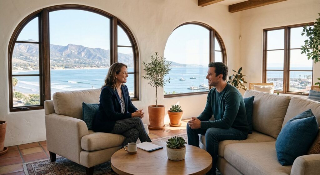 Therapist and client in a sunlit Santa Barbara outpatient rehab center with an ocean view and Spanish-style decor, conveying warmth and healing.