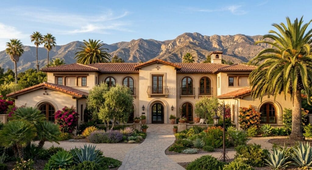 Exterior of Santa Barbara Recovery treatment center with Mediterranean facade, terracotta roof, arched windows, palm trees, and mountains in background