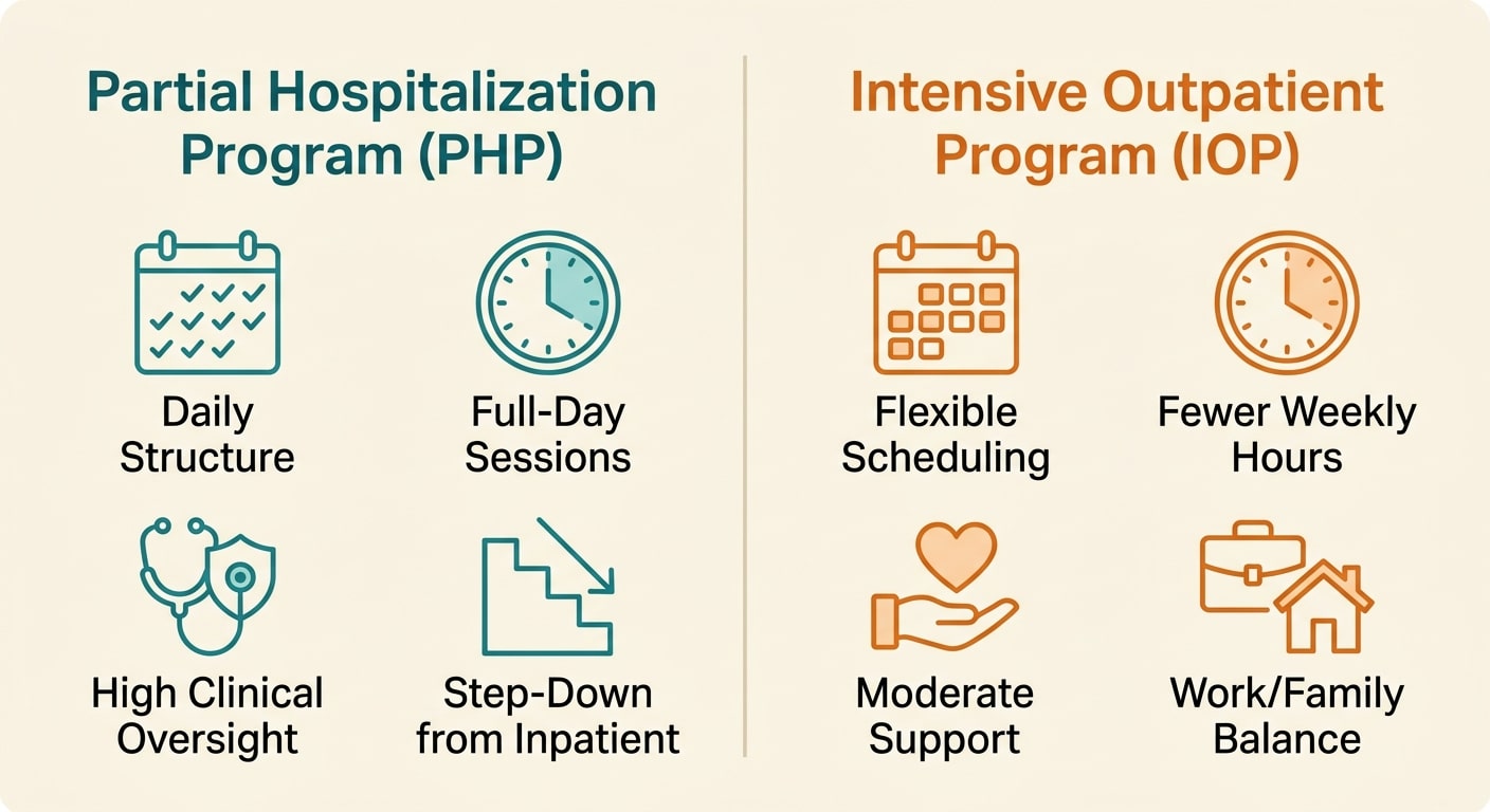 Comparison infographic for Partial Hospitalization Program and Intensive Outpatient Program at Santa Barbara Recovery