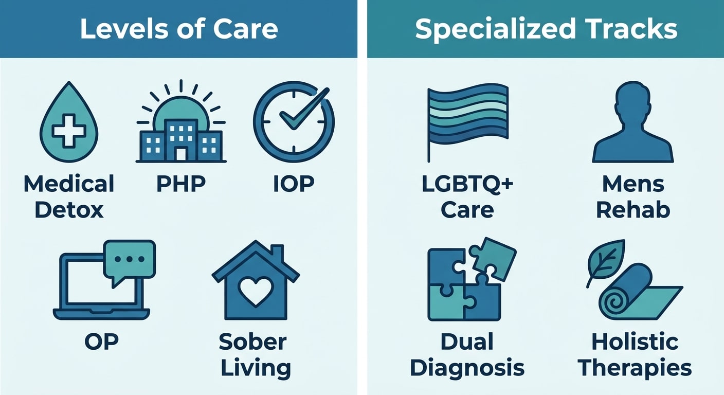 Infographic showing levels of care and specialized tracks at Santa Barbara Recovery, with icons and labels.