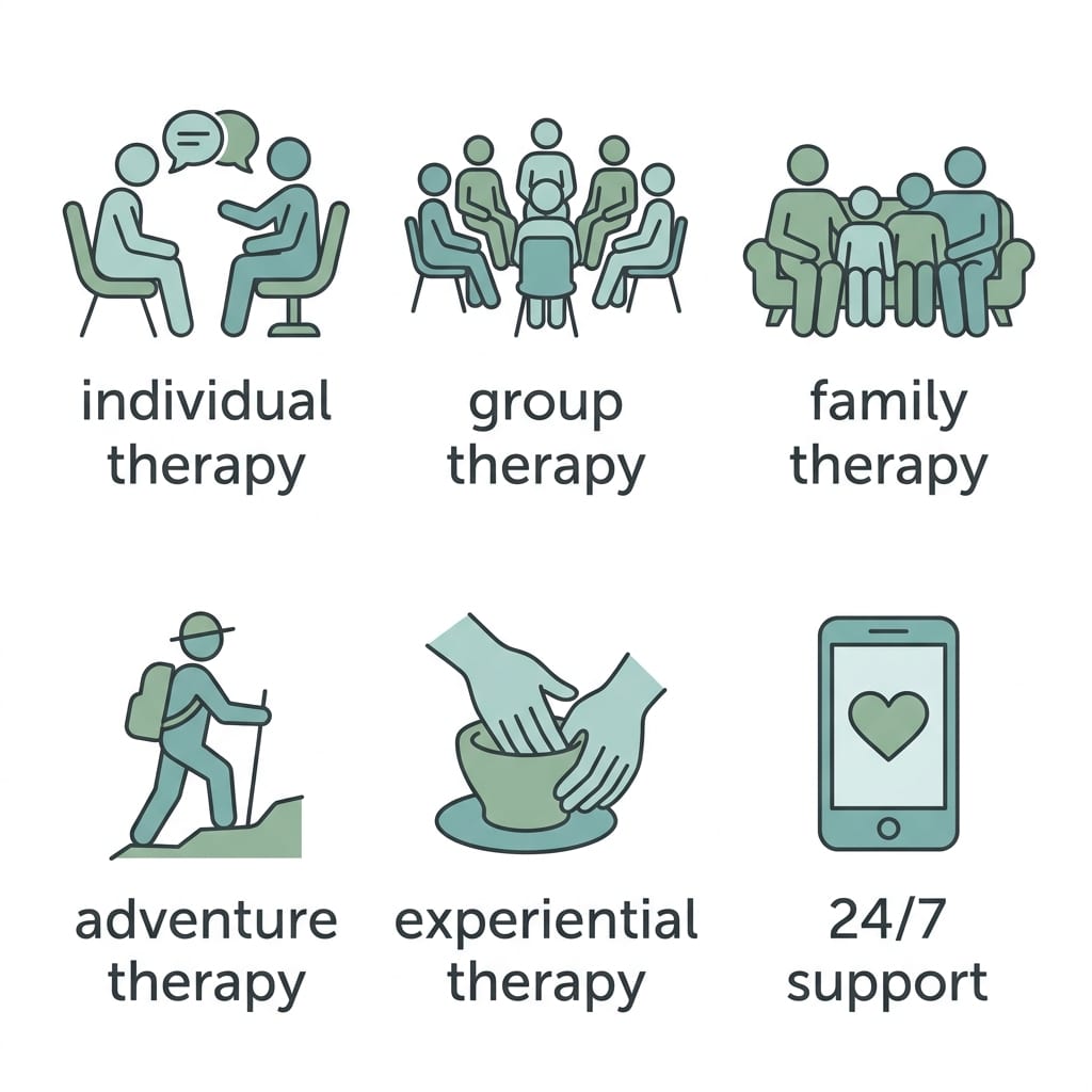 Outpatient program icons: individual therapy, group therapy, family therapy, adventure therapy, experiential therapy, and 24/7 support.