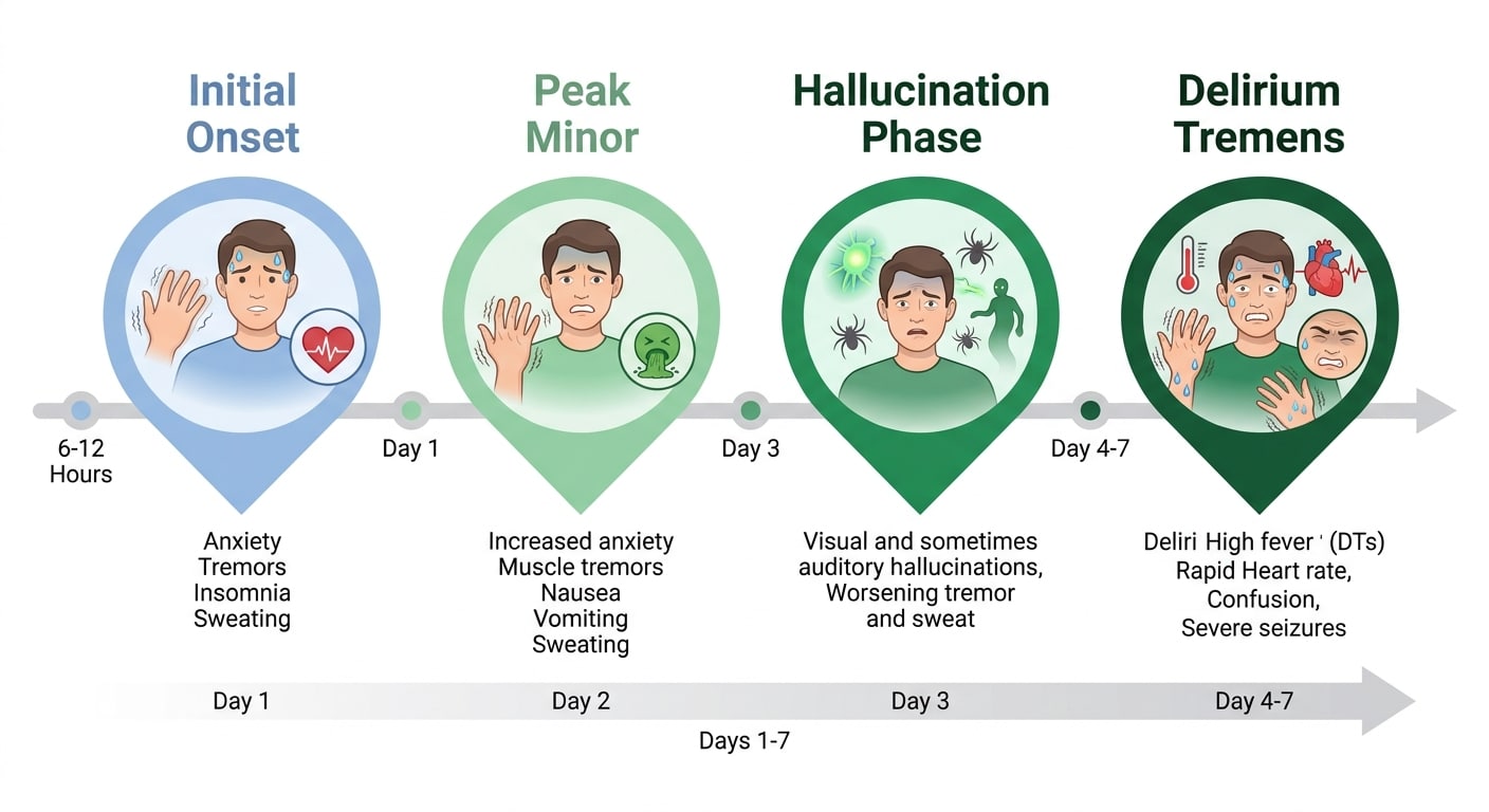 Timeline graphic showing alcohol withdrawal symptom progression over 7 days with color-coded sections for mild, moderate, and severe stages.