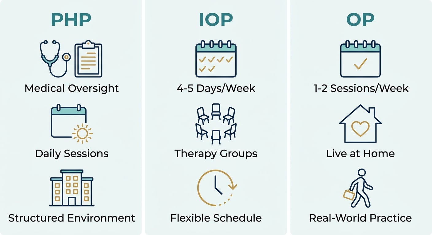 Comparison of three outpatient addiction treatment levels: PHP, IOP, and OP with key features