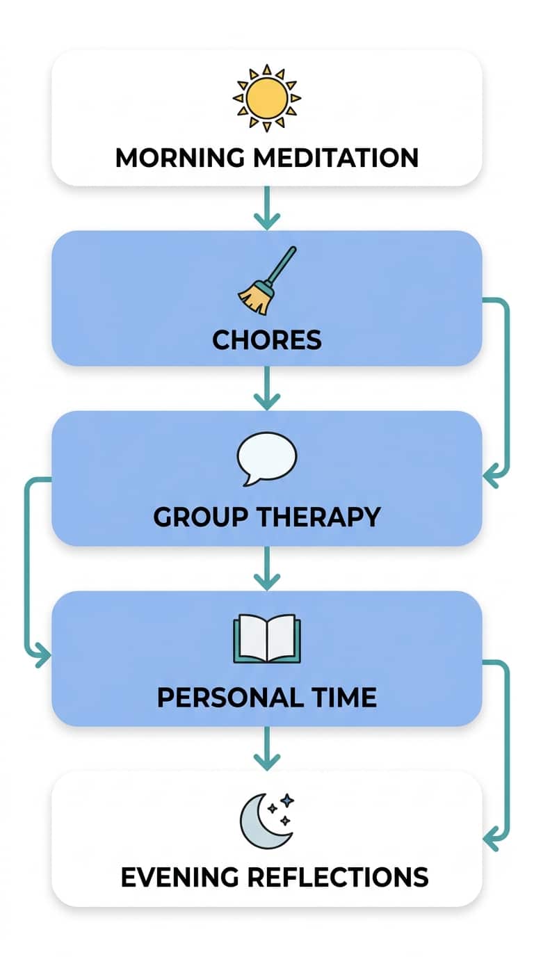Vertical process flow diagram showing five stages of daily routine: Morning Meditation, Chores, Group Therapy, Personal Time, Evening Reflections, with downward arrows and icons