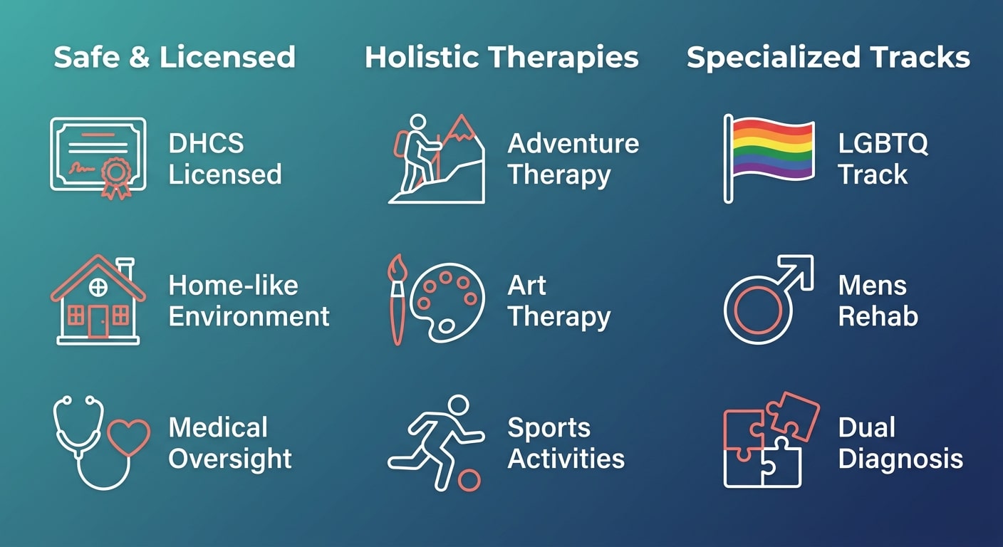 Infographic showing three categories of rehab experience at Santa Barbara Recovery: Safe & Licensed, Holistic Therapies, and Specialized Tracks, each with three icons and labels.