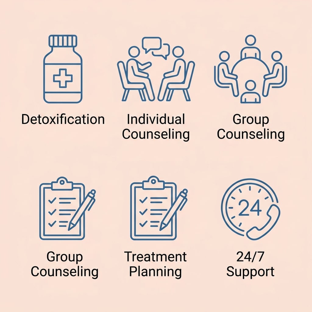 Five outlined icons in calming blue on a soft pastel background representing detoxification, individual counseling, group counseling, treatment planning, and 24/7 support at Santa Barbara Recovery