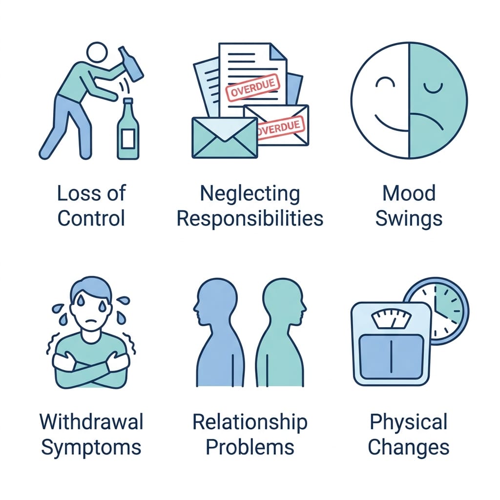 Icons for signs needing drug rehab: Loss of Control, Neglecting Responsibilities, Mood Swings, Withdrawal Symptoms, Relationship Problems, and Physical Changes.