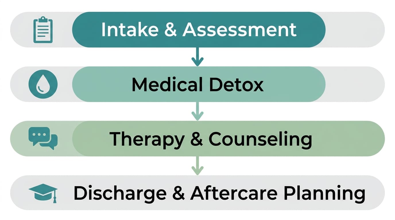 Vertical process flow diagram showing four stages of inpatient rehab: intake assessment, medical detox, therapy counseling, discharge aftercare planning. Downward arrows connect each stage.