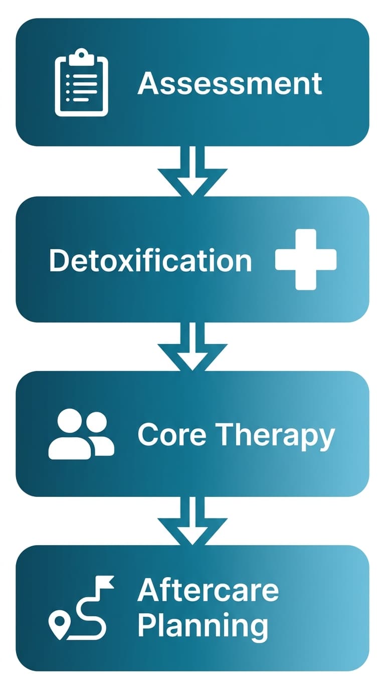 Vertical process flow diagram showing four phases of dual diagnosis treatment: Assessment, Detoxification, Core Therapy, and Aftercare Planning, each with an icon and label, connected by downward arrows.