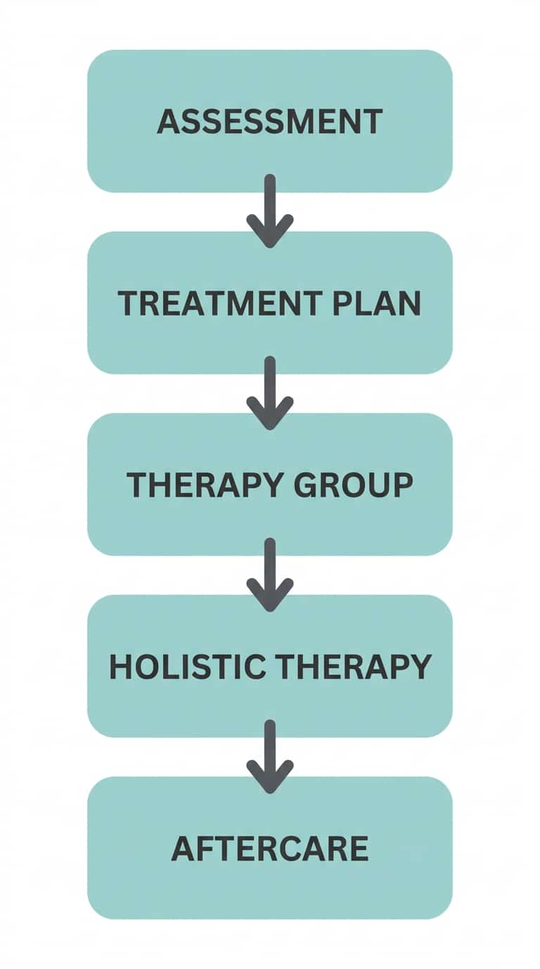 Vertical process flow diagram showing five stages of outpatient treatment at Santa Barbara Recovery: Assessment, Treatment Plan, Therapy Group, Holistic Therapy, and Aftercare, connected by arrows.